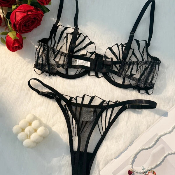 Black Lace Lingerie Set – Sheer Eyelash Mesh Push-Up Bra and Panty with Triangle Cup Design