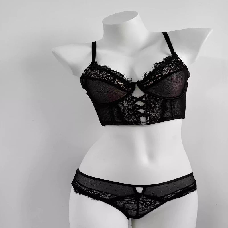 French Lace Push Up Lingerie Set Mulher Thin Underwire Bra Sheer Ruched Chemise Soft Petite Small Bust S-XL Hot Sale Secondary image