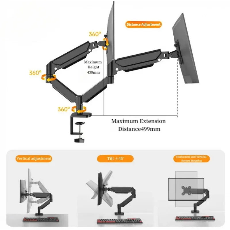 Flexible dual screen support, 13–32 inch monitors available, 180° swivel and tilt function for better viewing experience