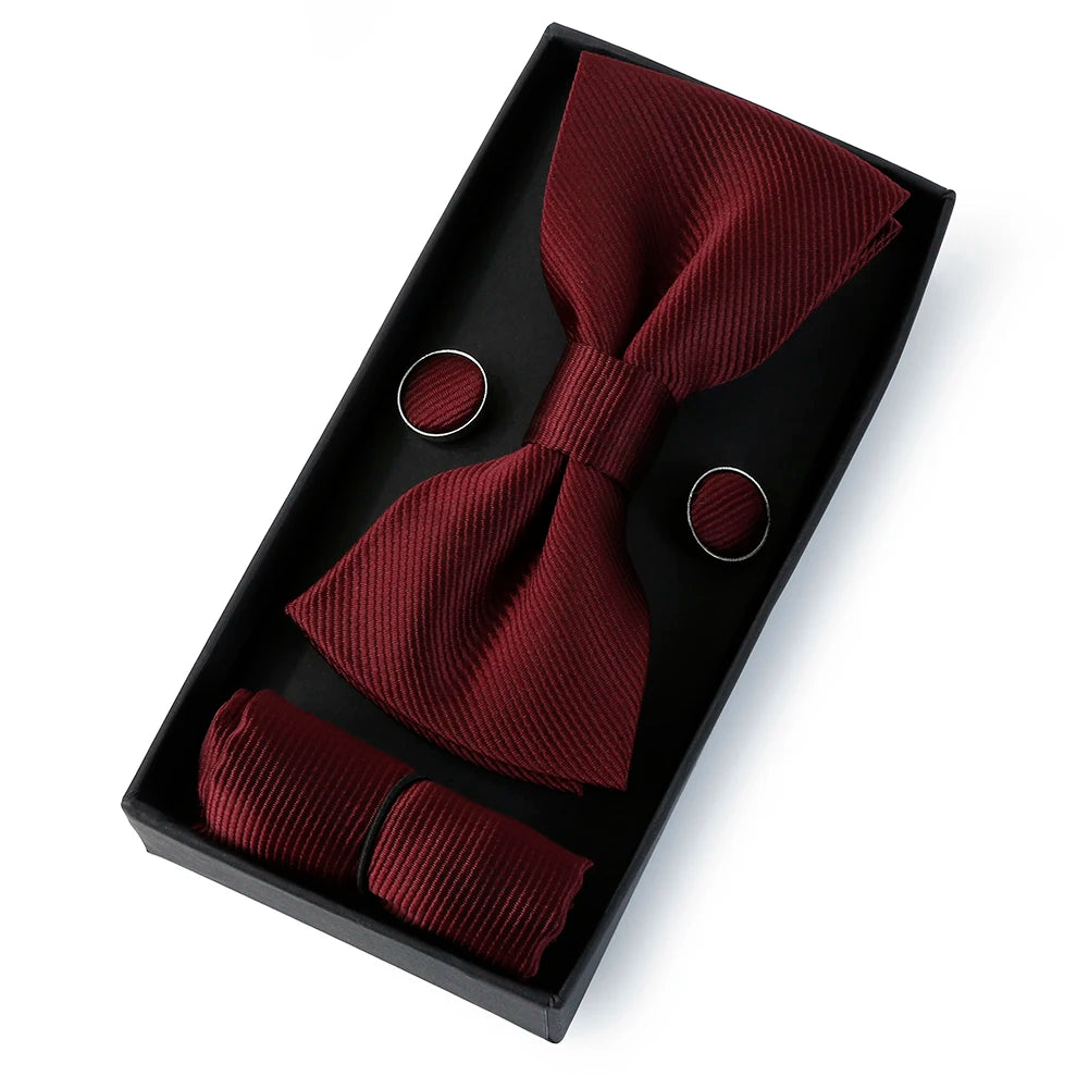 HUISHI Classic Black Bowtie Bow Ties For Mens Butterfly Bowknot Pocket Square Cufflinks Suit Set Bussiness Accessories Gift Box