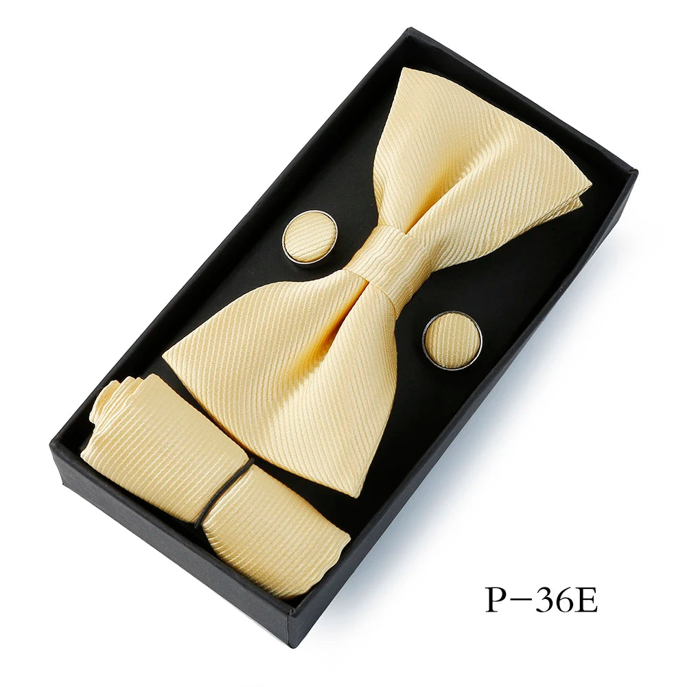 HUISHI Classic Black Bowtie Bow Ties For Mens Butterfly Bowknot Pocket Square Cufflinks Suit Set Bussiness Accessories Gift Box