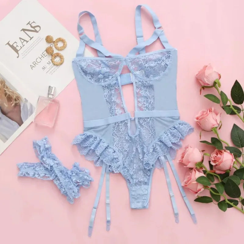 2pcs Red Floral Lace Garter Lingerie Set With Choker Women Intimates 2025 Underwire Bra And Thongs Ladies Underwear Set
