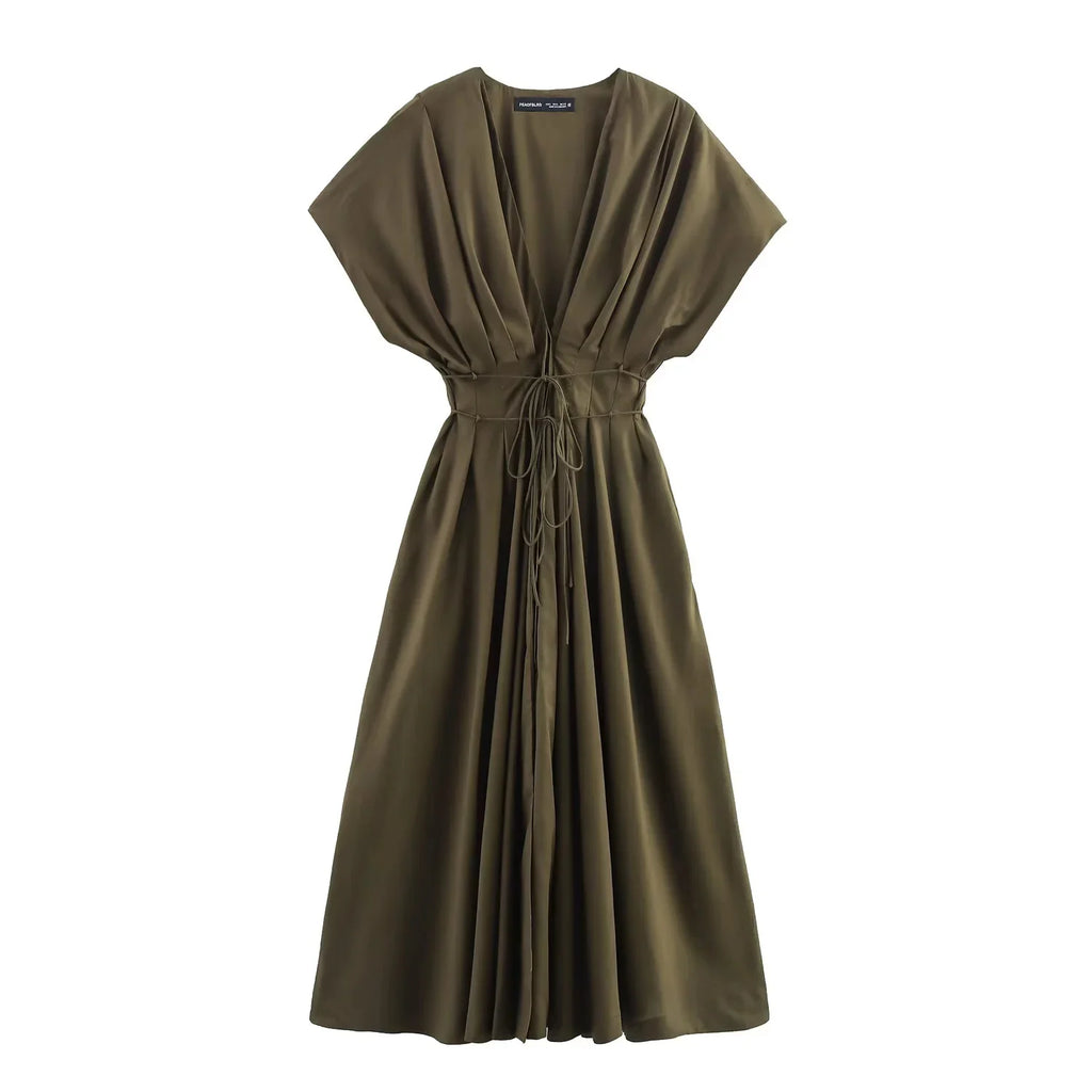 KONDALA 2026 Spring Summer Vintage Women Dress Fashion Single Breasted Sashes Draped V Neck Sleeveless Chic Brown Ladies Dresses