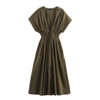 KONDALA 2026 Spring Summer Vintage Women Dress Fashion Single Breasted Sashes Draped V Neck Sleeveless Chic Brown Ladies Dresses