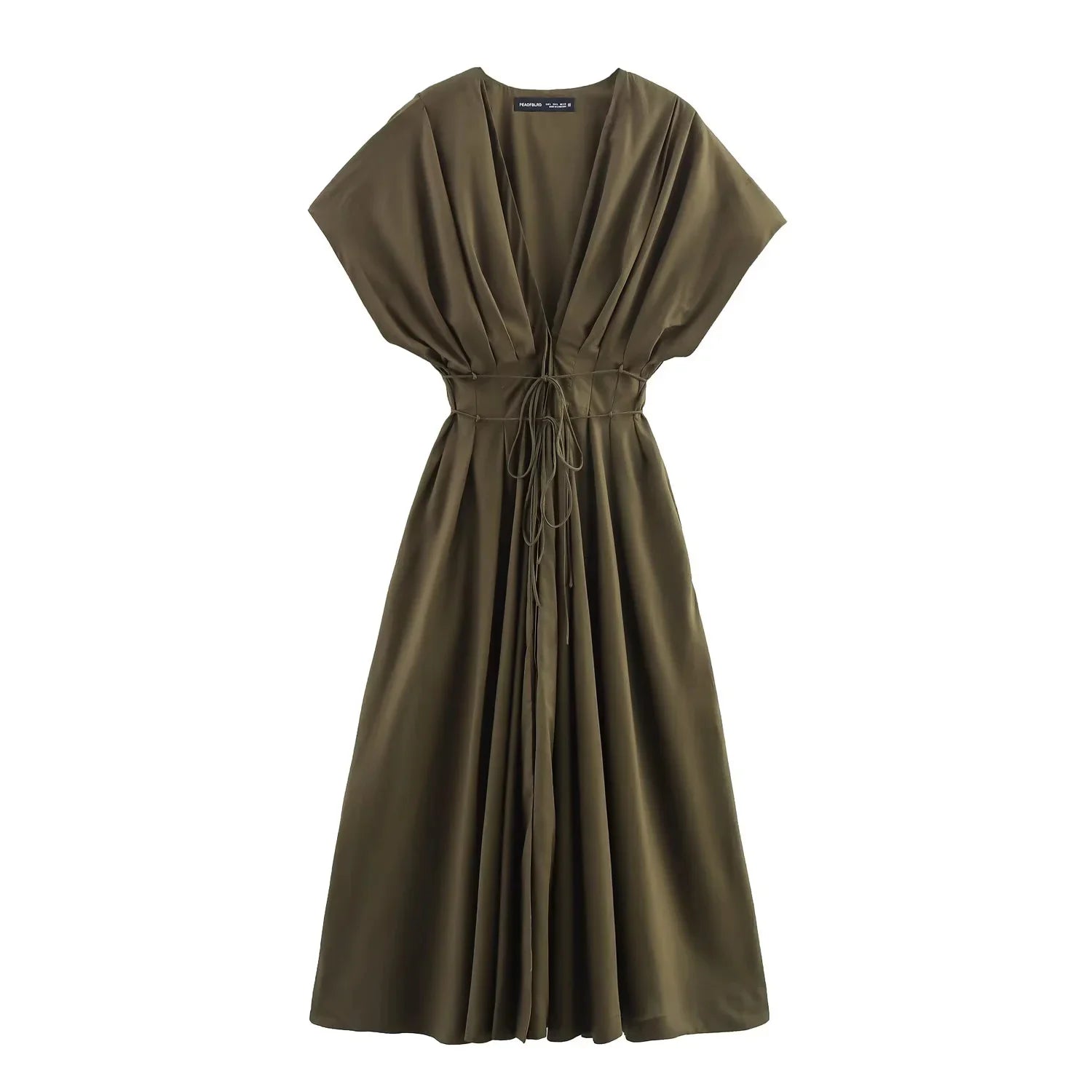KONDALA 2026 Spring Summer Vintage Women Dress Fashion Single Breasted Sashes Draped V Neck Sleeveless Chic Brown Ladies Dresses