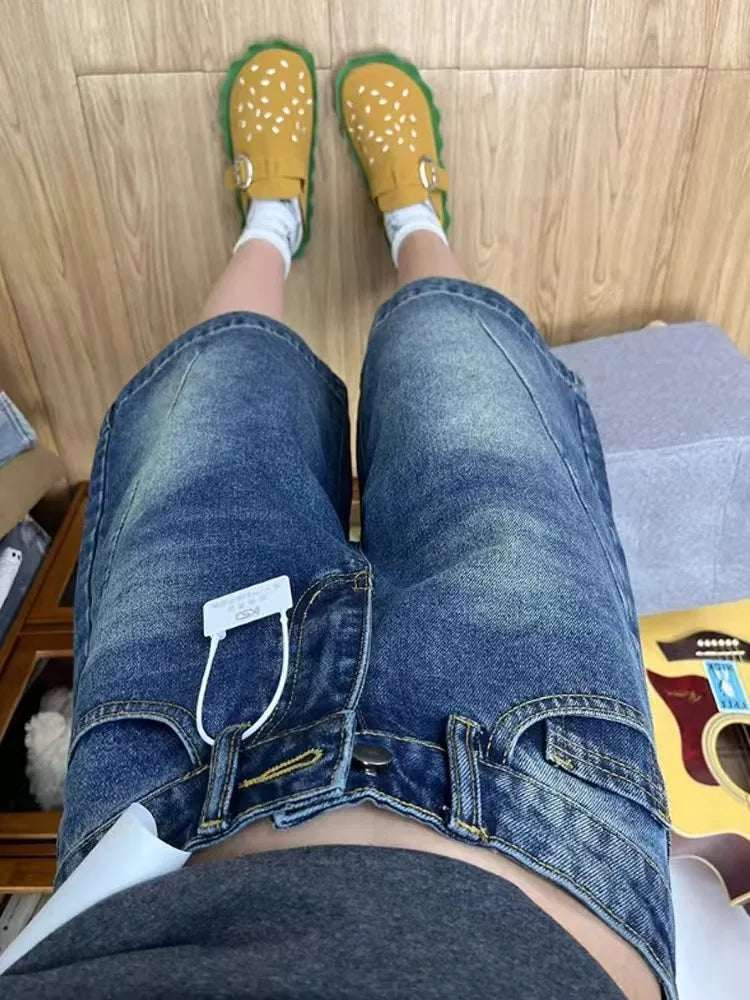 Spicy Girl Retro American Five-Point Denim Shorts Women Summer New Loose Design Slim Straight Leg Wide Leg Medium Pants