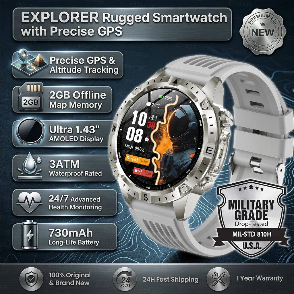 GPS Smart Watch for Men 2G ROM GPS Offline Maps Waterproof Swim Hiking Fitness Tracker Sleep SpO2 Rugged Durable Smartwatch GPS