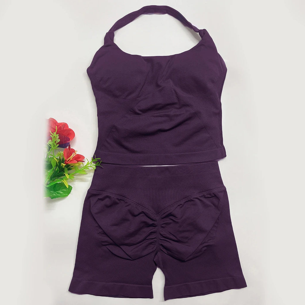 yoga outfits Women 2 pcs Sports DFNNYE Impact Set halterneck Backless Halter Top Seamless Scrunch Shorts Gym Workout Sports Suit
