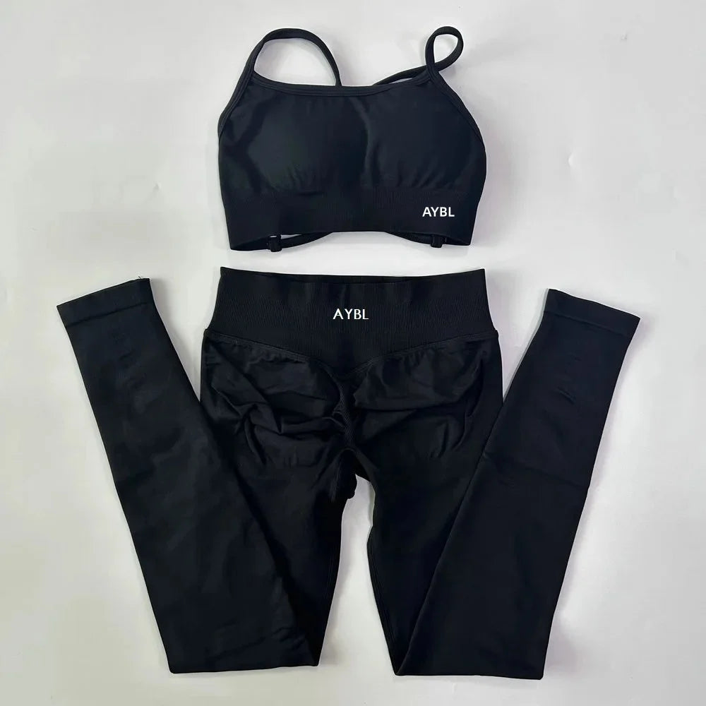 AYBL Yoga Set Seamless Yoga Set 2 Pieces Women Workout Set Scrunch Leggings Backless Sports Bra Fitness Top Gym Pants Clothes