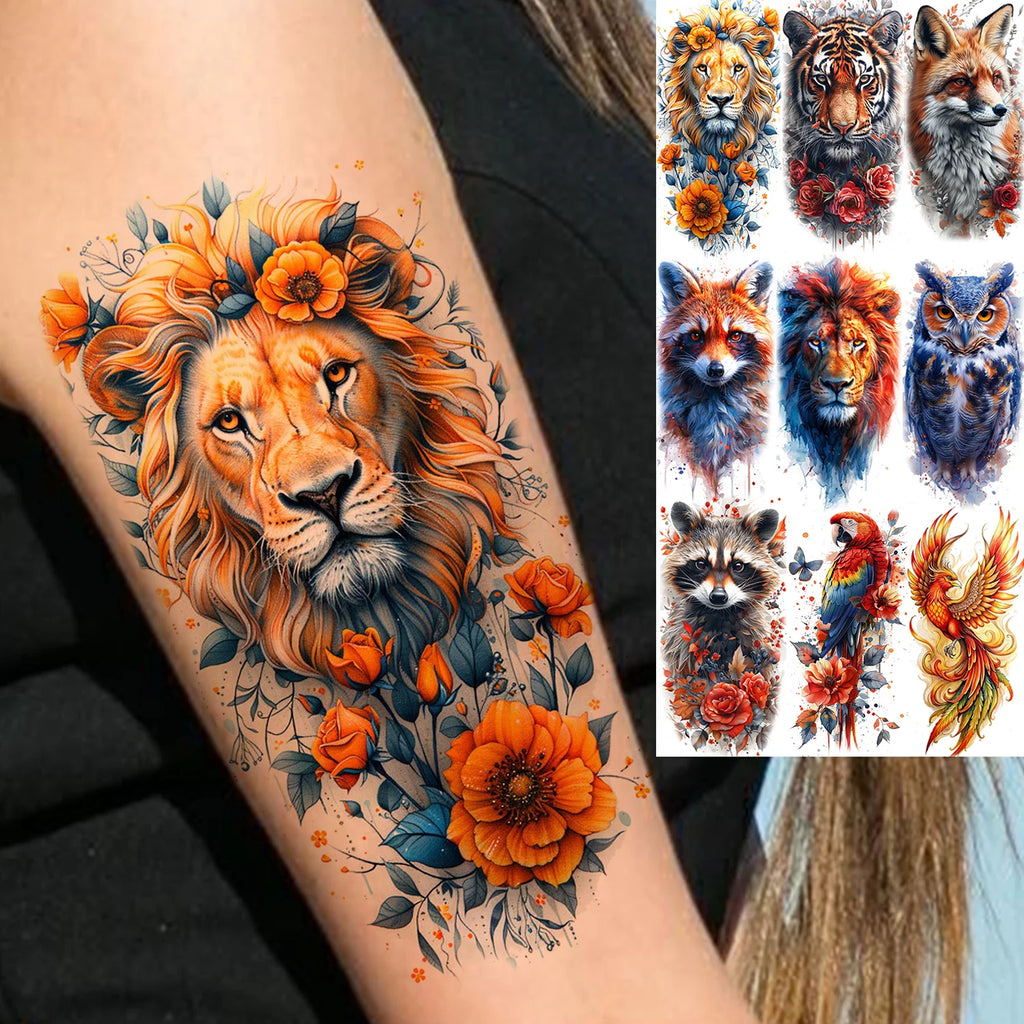 1 Sheet Unique Watercolr Lion Tiger Animals Temporary Tattoos Long Lasting Waterproof Fox Owl Fake Tattoo Sticker Body Art Tatoo