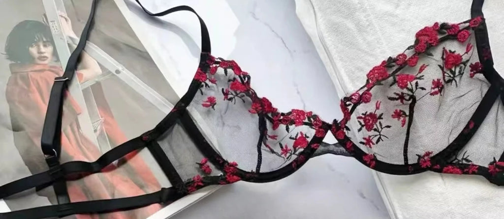 YUQI French Luxury Lingerie Set - Sexy Floral Embroidery Black Bra & Panty Set, Sheer Transparent Seductive Women's Intimates