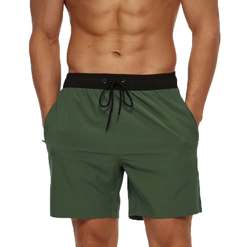 Escatch 2026 Summer Man Swimwear Solid Fashion Quick Dry Drawstring Elastic Waist Surfing Zipper Pocket Gym Beach Pants Shorts