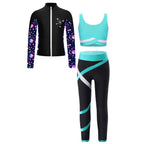 3Pcs Kids Girls Skating Athletic Fitness Workout Tracksuit Sleeveless Vest Top +Pants with Long Sleeve Zipper Sweatshirt Gym Set
