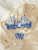 Blue Lingerie Set Lace Embroidery Bra Panty 2Piece Sheer Tulle Fantasy Underwear for Women