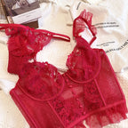 Hot Sale French Sexy Lingerie Set for Women Ultra Thin See Through Bra Panty Set Embroidery Lace Shaping Camisole Underwear Set