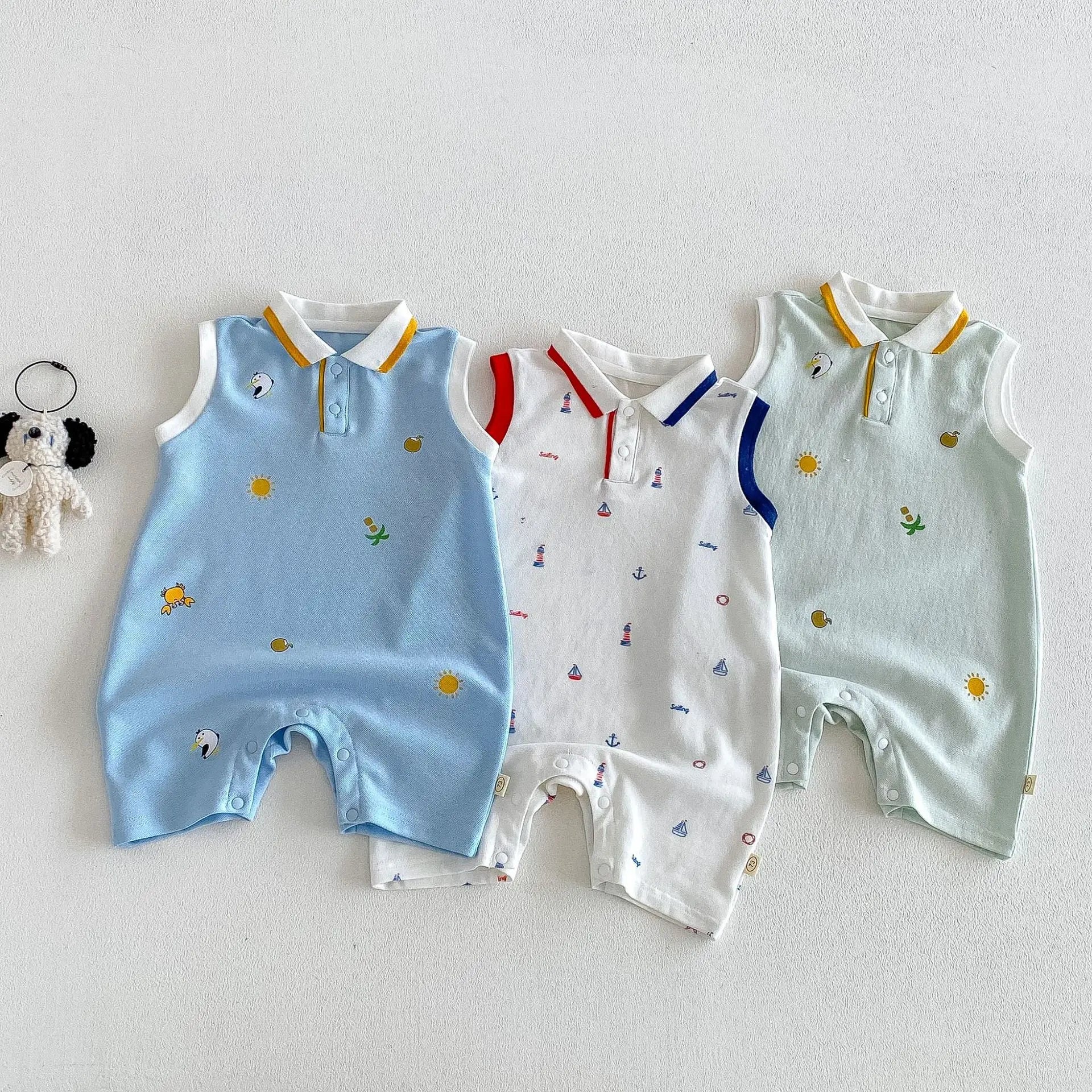 2026 New Summer 0-2Y Baby Clothes Cartoon Print Sleeveless Polo Romper Breathable Mesh Fabric with Placket Snap Closure Main image