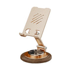 Black Walnut Wood Base Phone Holder Metal Stand 720° Rotating Foldable Desktop Stand Easy Storage for Mobile Phone Tablet Holder