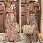 2024 Summer Bohemian Women's Long Dress V Neck Short Sleeve Floral Printed Beach Elegant Vintage Dress with Belt