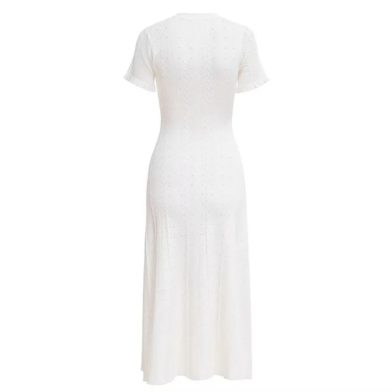 Summer Solid Round Neck Short Sleeved Office Lady Knitted Dress Women Korean Single Breasted Hollow Out Long Dress Fashion Trend