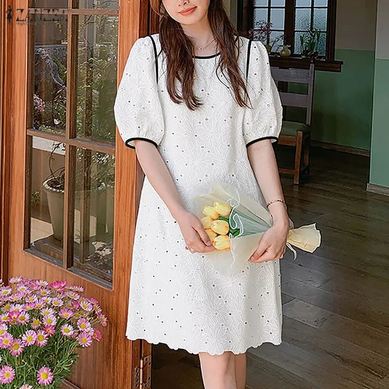ZANZEA Summer Women's Openwork Embroidered Dresses O-Neck Half Puff Sleeve Contrast-Trim Knee-Length Dress Casual A-Line Robes Main image