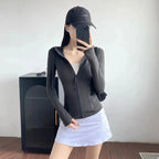 Women's hooded breathable outdoor running fitness yoga suit, woolen cardigan long sleeved top