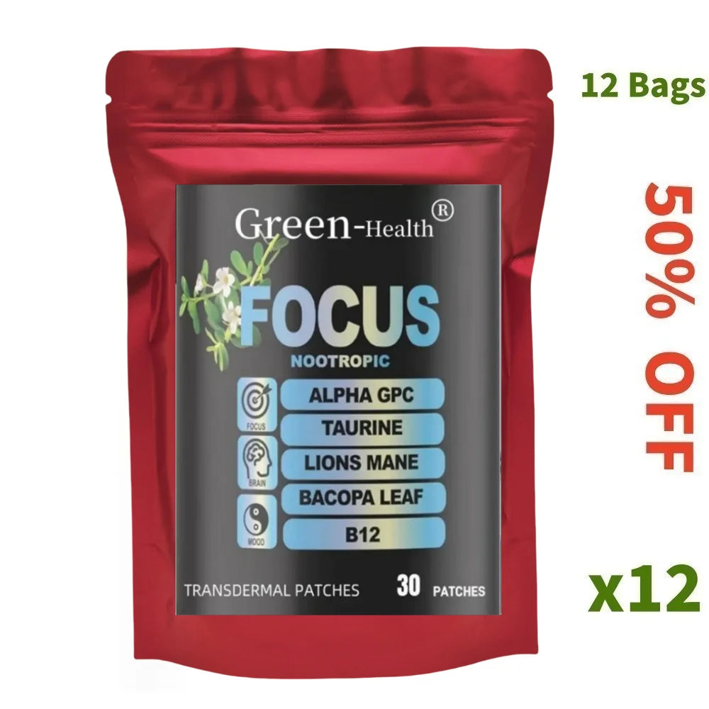 Nootropic Brain Transdermal Patches - Lions Mane Vitamin C & B12 Taurine Bacopa - Cognitive Function Support 30 Patches 6-in-1