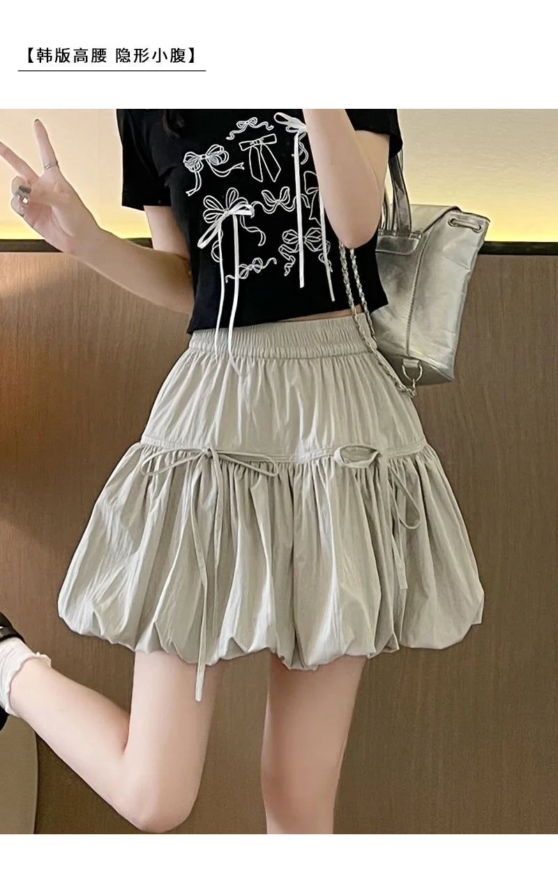 Sweet Bow Pleated Fluffy Skirts for Women Summer Korean Style Elastic Waist Lantern Skirt Woman Loose White A-Line Short Skirts