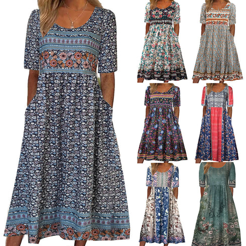 2025 summer new women's Bohemia loose fashion print round neck short sleeve long dress