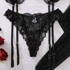 Women's Floral Embroidery Lingerie Sets Romantic Honey Bra Belt Panty 3PC with Gloves Stockings Seductive Sweet Star Underwear