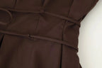 KONDALA 2026 Spring Summer Vintage Women Dress Fashion Single Breasted Sashes Draped V Neck Sleeveless Chic Brown Ladies Dresses