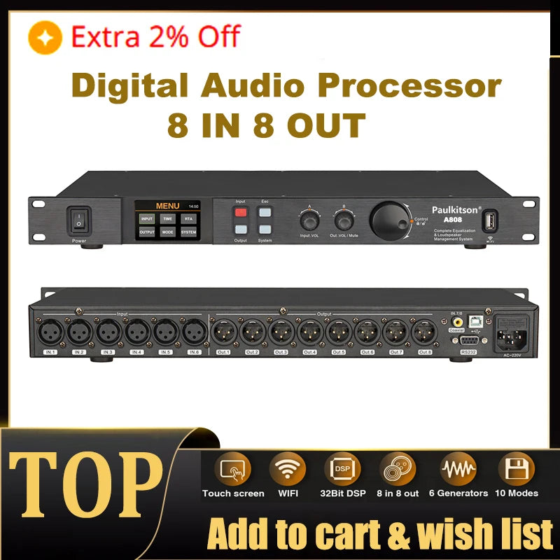 Paulkitson A808 Processor Digital Professional Audio Processor 8 In 8Out 32Bit DSP 7Band EQ Equalizer WIFI  USB Without Noise Main image