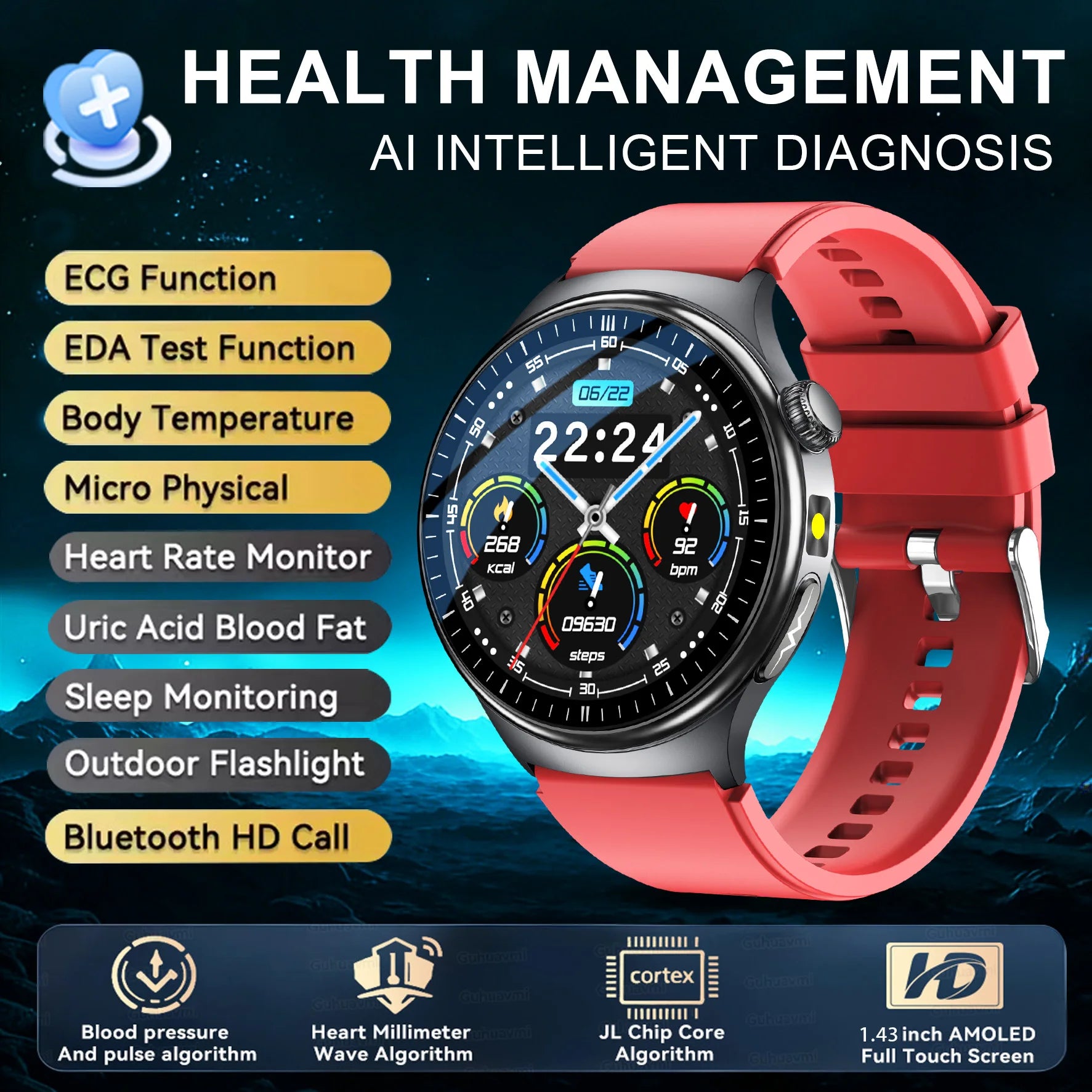 2026 New Accurate Body Health analysis Smart Watch Men ECG Blood lipids Uric acid Blood Pressure Body Fat Voice Call Smartwatch