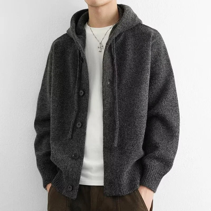 New Casual Luxury Hooded Knitted Cardigan For Man Korean Fashion Loose Button-up Sweater Y2K Vintage Streetwear Knitwear Coat