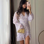 Pink Floral V-neck Mini Dress Waist-cinching Bell Sleeve Chiffon Skirt Commuting And Dating Women's Casual Daily Dresses 2026