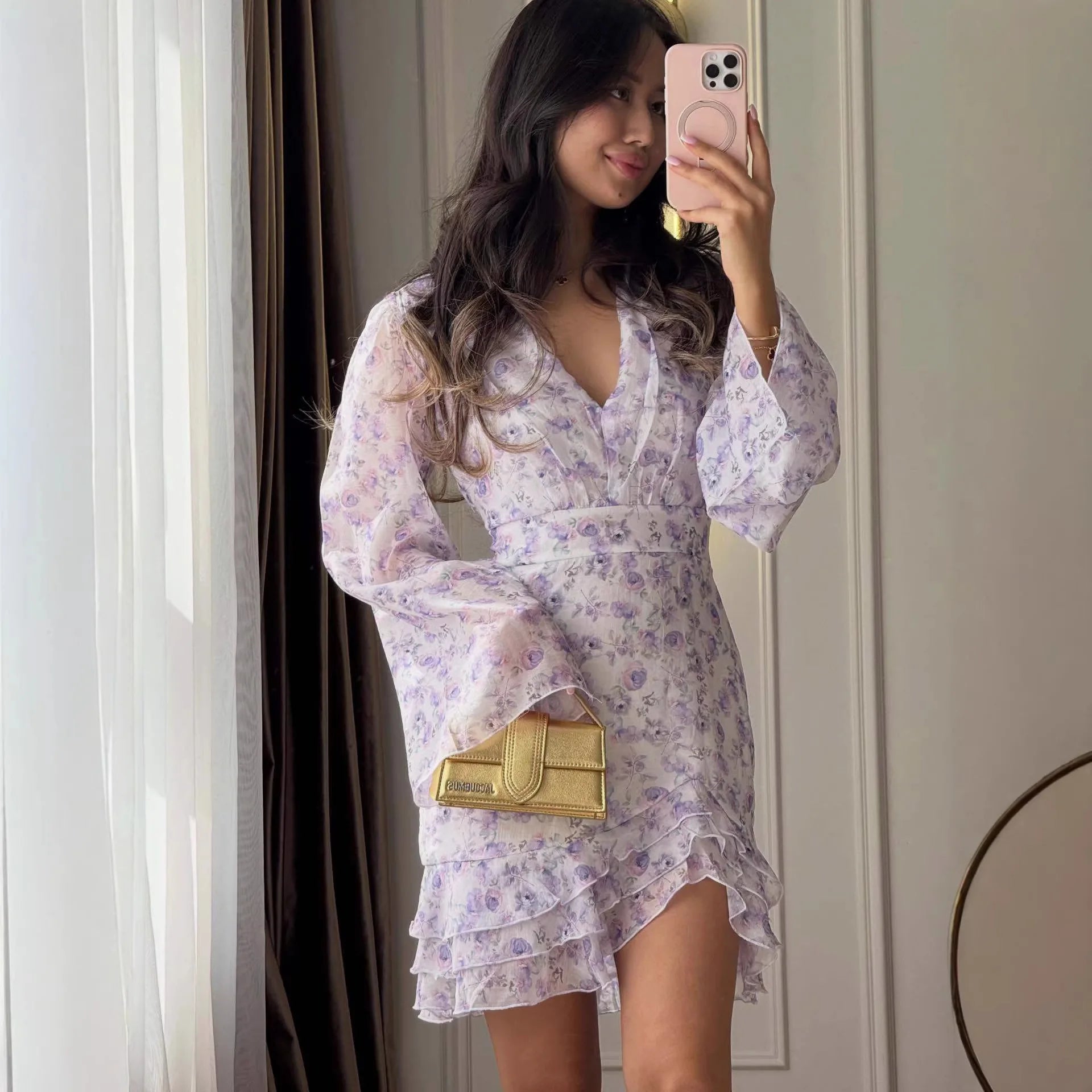 Pink Floral V-neck Mini Dress Waist-cinching Bell Sleeve Chiffon Skirt Commuting And Dating Women's Casual Daily Dresses 2026