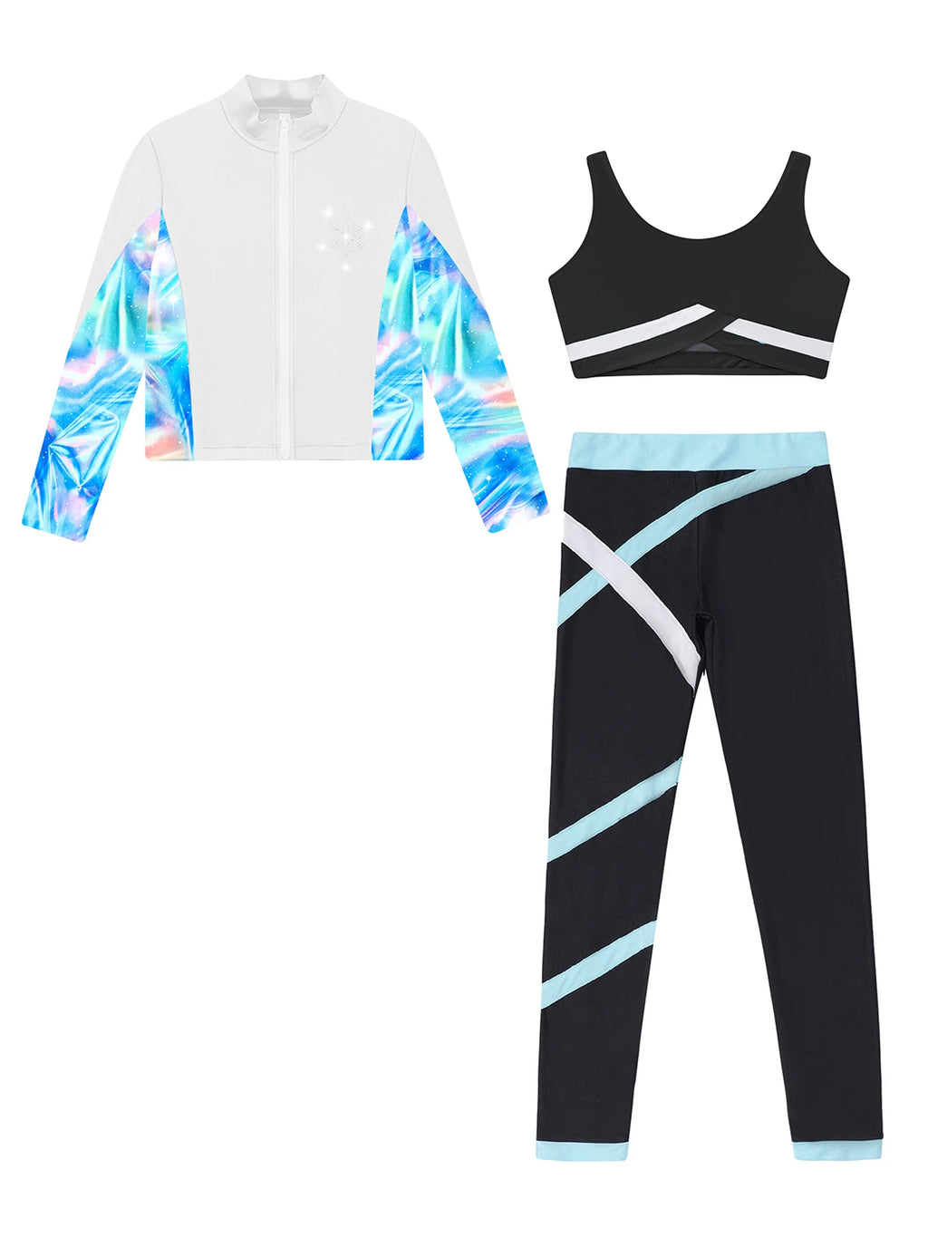 3Pcs Kids Girls Skating Athletic Fitness Workout Tracksuit Sleeveless Vest Top +Pants with Long Sleeve Zipper Sweatshirt Gym Set