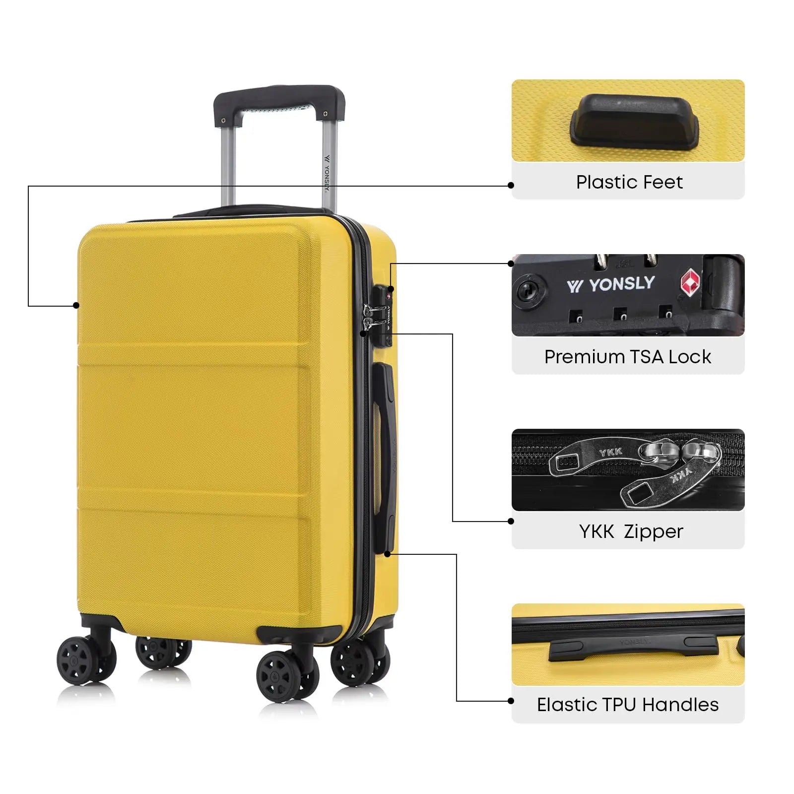 YONSLY Hardshell Suitcase 20/24/28 Inches with TSA Lock YKK Zipper 4 Silent 360° Wheels Mesh Compartment Trolley Rolling Luggage Hand Luggage Suitcase for Business Trips, Vacations, Family Journeys, and Weekend Getaways