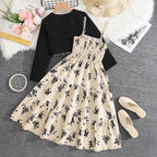 Kid Girl Long Sleeve Bow Design Coat & Beige All Print Shirred-Bodice Sling Dress Set Cute Sweet Elegant Princess Dress For Kids