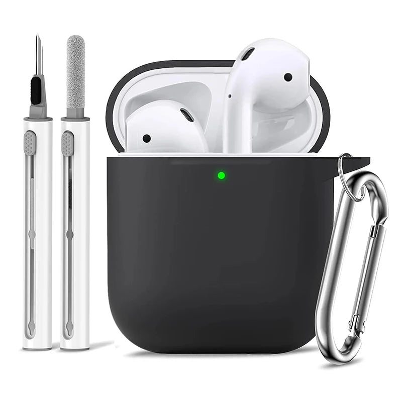 Silicone Cases With Hook For Airpods1/2 Protective Shockproof Wireless Earphone Cover For Airpod 2 1 Box Bags With Cleaner Kit
