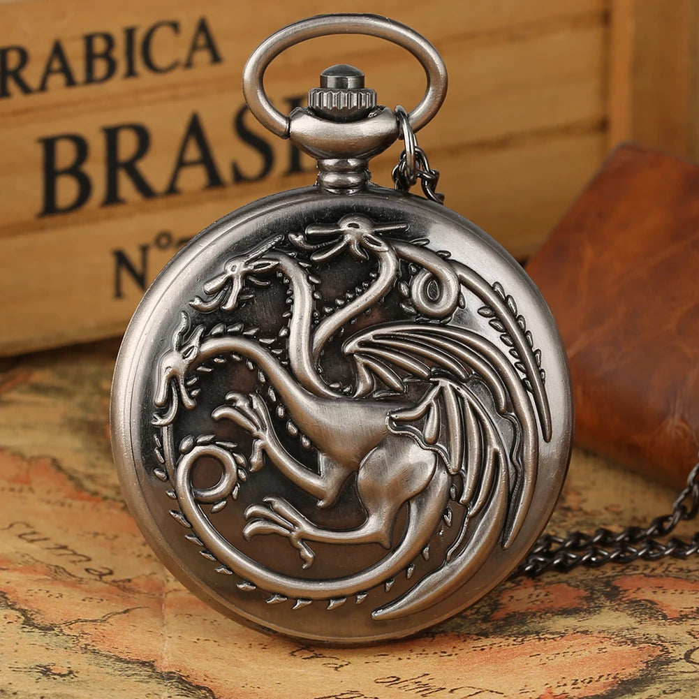 Retro Gray Three-headed Fire Dragon Necklace Quartz Pocket Watch Men Antique Nordic Amulet Pendant Women Game Movie Jewelry Hour