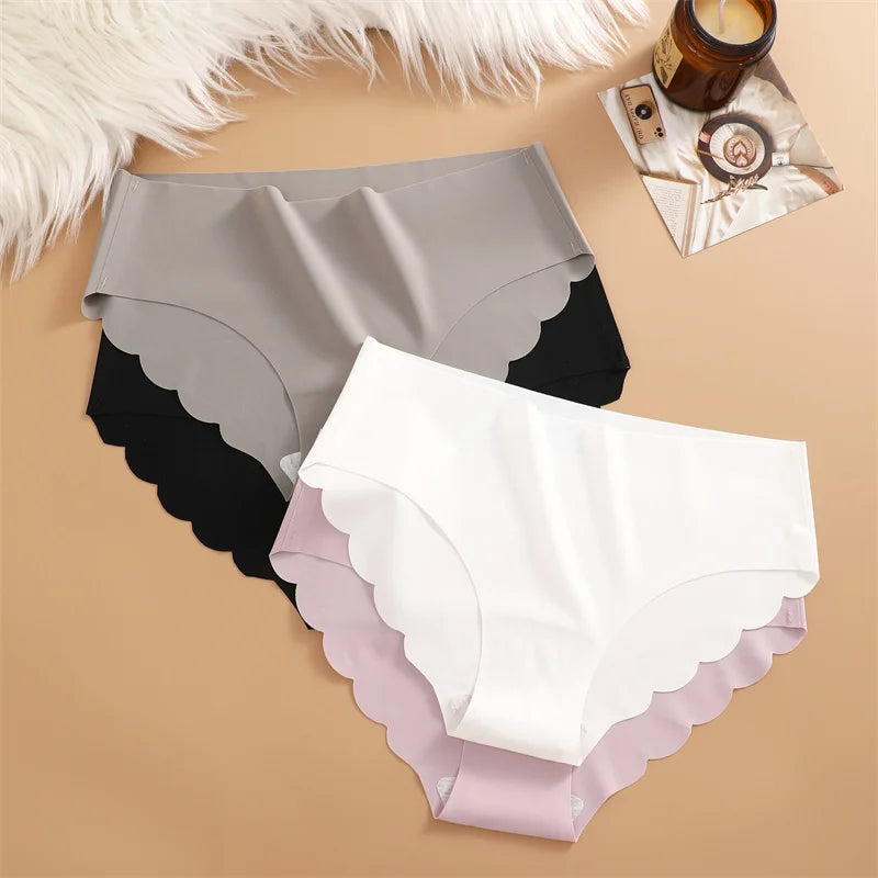 7PCS/Set Ice Silk Seamless Panties Women's Briefs Solid Color Elastic Underwear Female Ultra Thin No Trace Wavy Side Panties