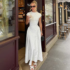 Talenza White Polka Dot Long Dress Summer Sexy High-Waisted Vintage Print Sleeveless Dress Casual Party Vacation New Women Dress
