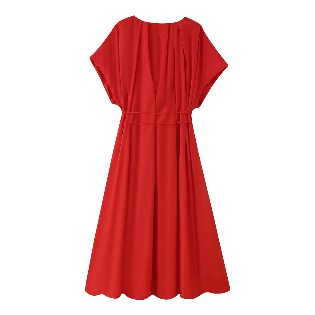 KONDALA 2026 Spring Summer Vintage Women Dress Fashion Single Breasted Sashes Draped V Neck Sleeveless Chic Brown Ladies Dresses