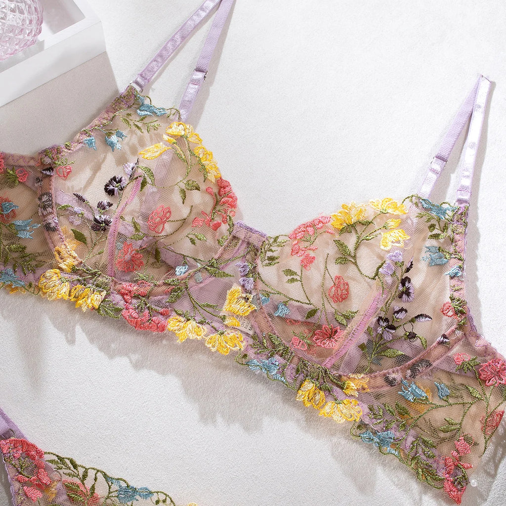 Yimunancy Floral Embroidery Lingerie Set Women Sheer 2-Piece Boho Bra + Panty Underwear Set Intimates