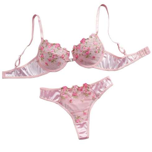 Pink Floral Embroidery Lingerie Set 2PCS Underwired Semi-Sheer Front Closure Back Double Hooks Sexy Underwear for Romantic Occas