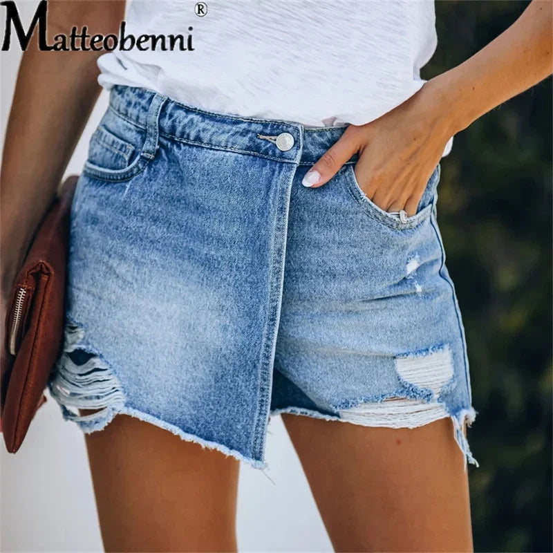2024 Summer New Women Ripped Repaired Denim Shorts High Waist Bodycon Distressed Hole Bottoms Casual Pockets Sexy Short Jeans