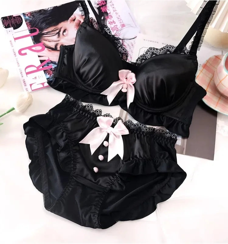 YUQI Kawaii Japanese Lolita Lingerie Set - Cute Bow Bra Cover & Panties for Small Chest, Pure Sexy Teen Girl Charm XS-S Cup Bra