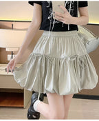 Sweet Bow Pleated Fluffy Skirts for Women Summer Korean Style Elastic Waist Lantern Skirt Woman Loose White A-Line Short Skirts