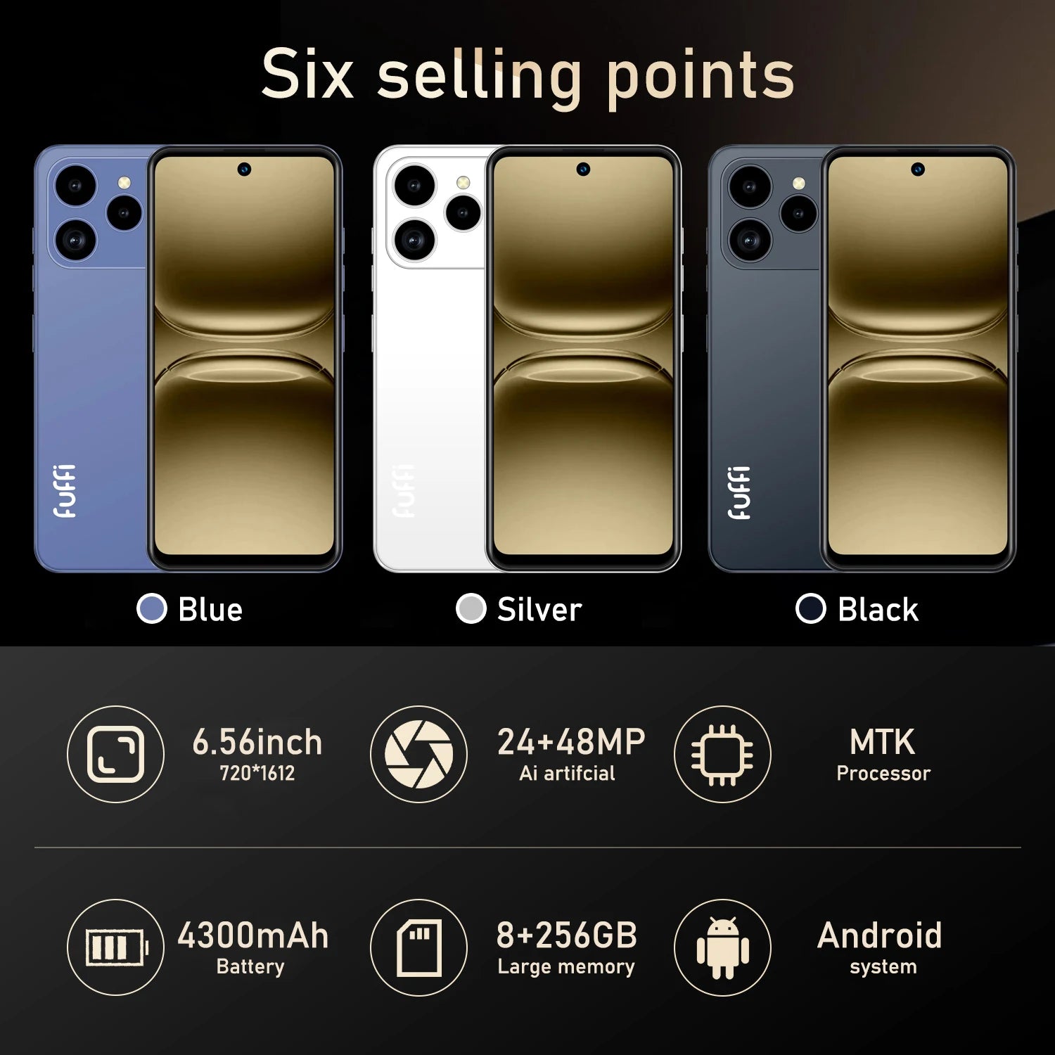 FUFFI Global Vision i17 Pro Max Smartphone Android 8GB RAM 256GB ROM 6.56 Inch Phone 720x1612HD 24+48MP 5G Network Mobile Phones