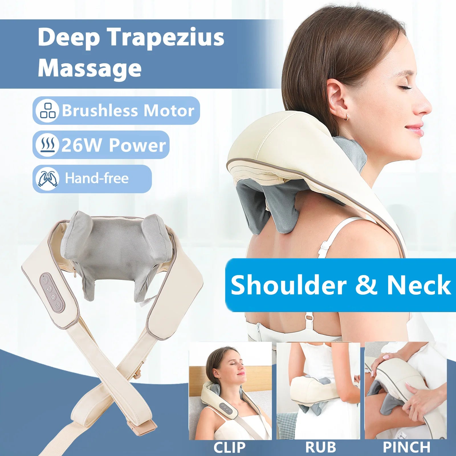 Foreverlily 26W Brushless Motor Neck And Shoulder Massager Wireless Shoulder And Back Kneading Massage Shawl Neck masajeador Main image